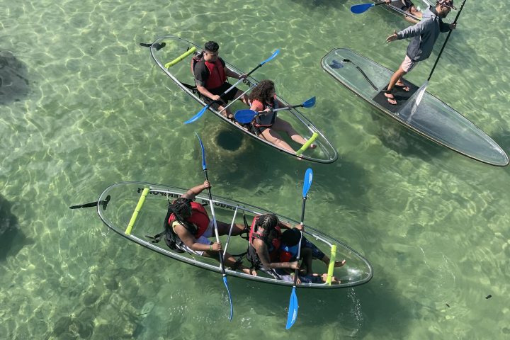 a group of people riding on the back of a boat