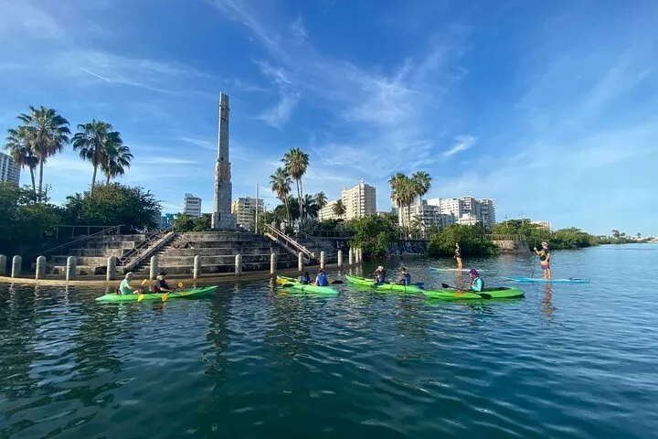 People kayaking near a waterfront with tall buildings and palm trees under a clear blue sky.
